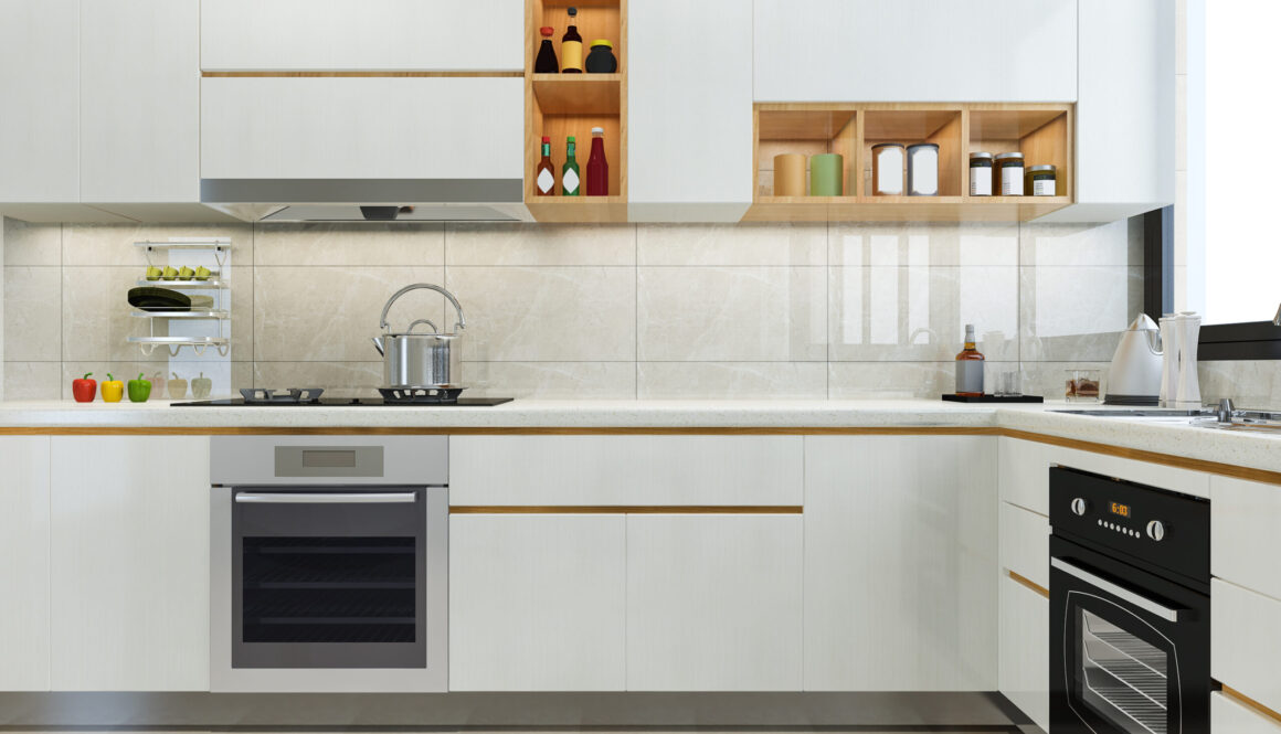 3d rendering modern kitchen counter with white and biege design